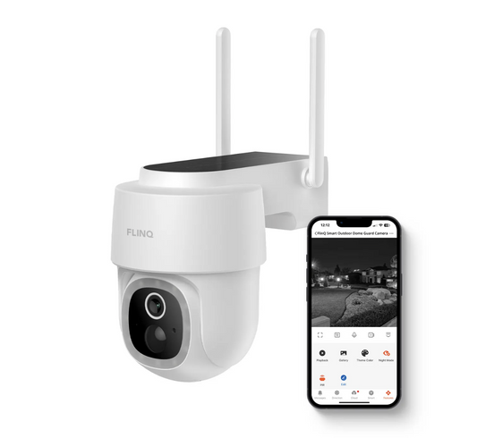 FlinQ Smart Dome Guard Security Camera White 16.3 x 9.9 x 13.8 cm - Caméra extérieure solaire 2K sans fil avec vision nocturne et contrôle par application