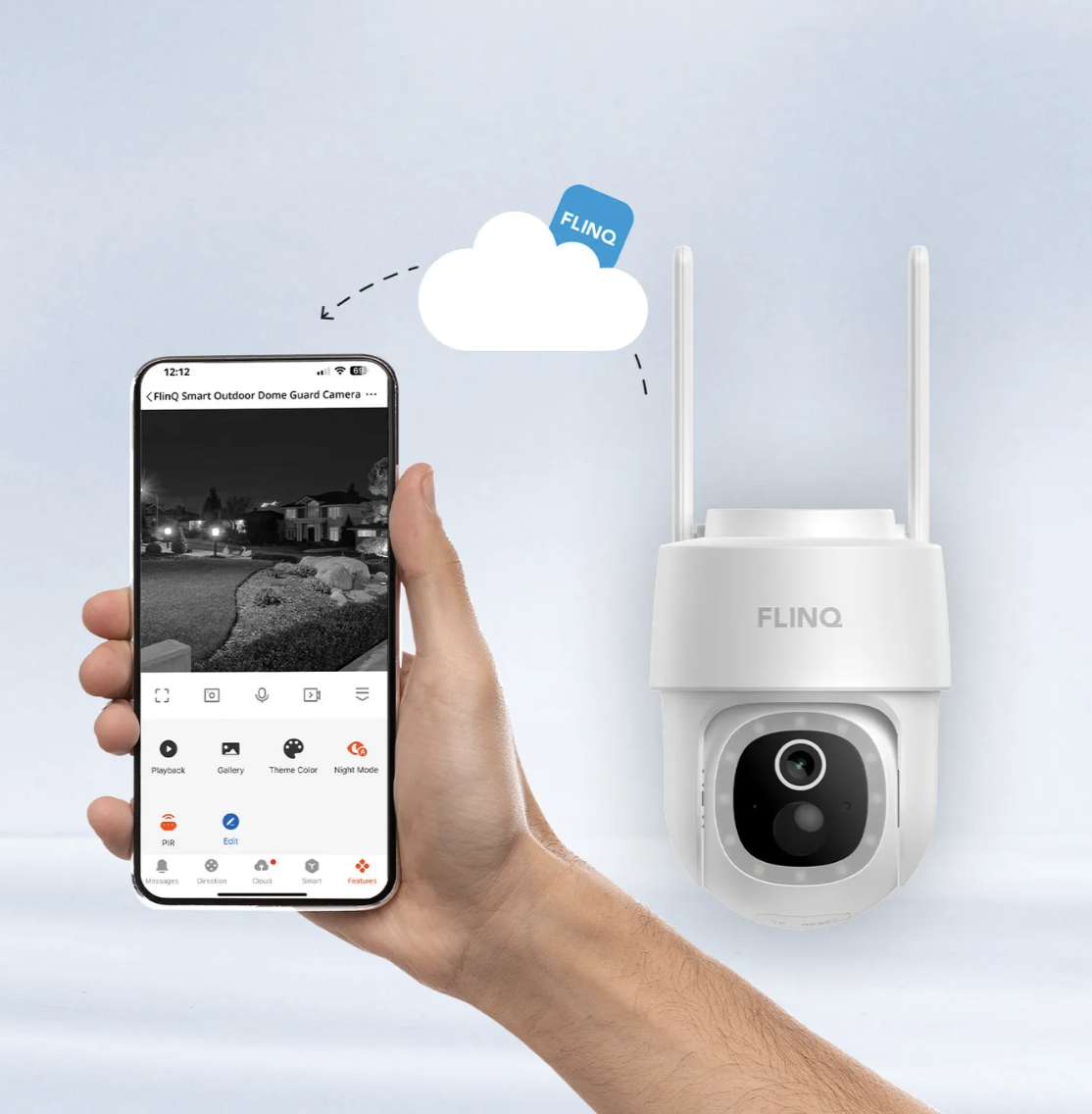 FlinQ Smart Dome Guard Security Camera White 16.3 x 9.9 x 13.8 cm - Caméra extérieure solaire 2K sans fil avec vision nocturne et contrôle par application