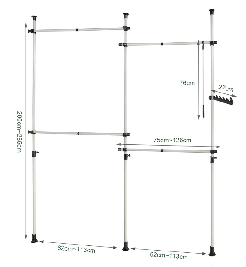 SoBuy - Portemanteau - 4 barres à linge - réglable - 124-226 x 285 cm - blanc