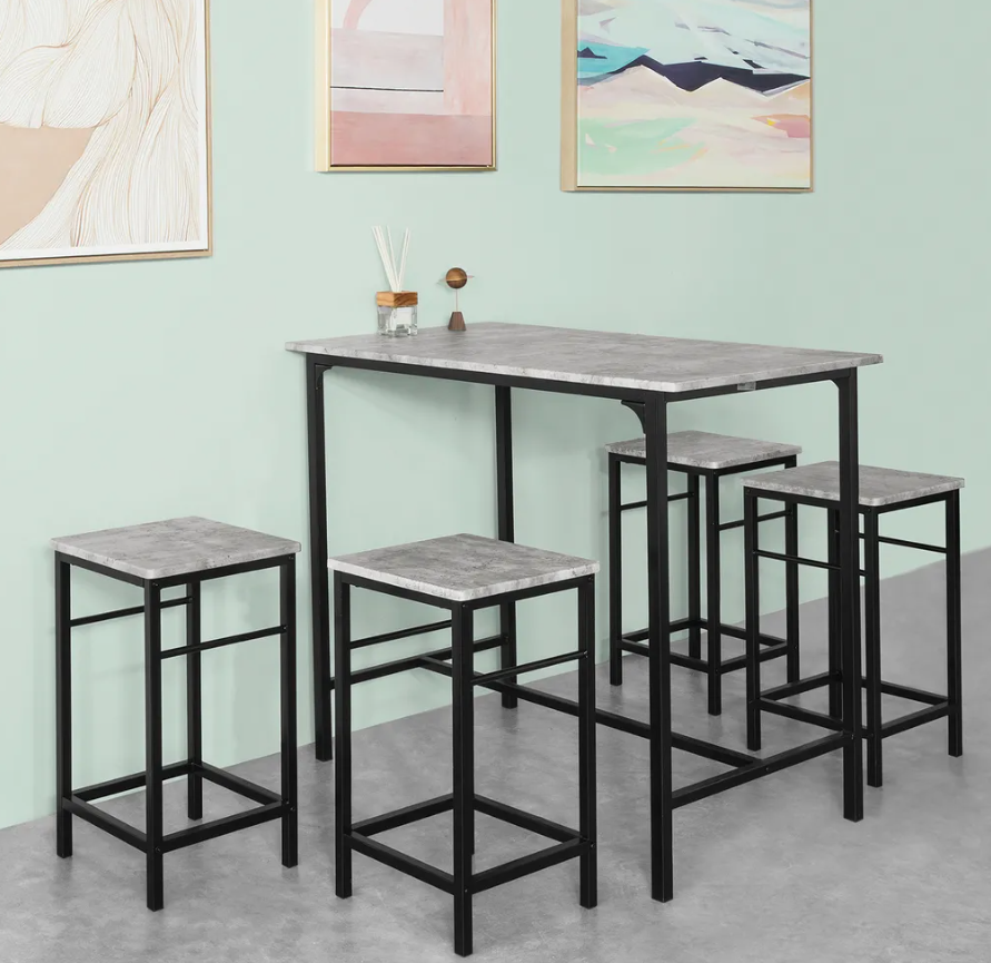 SoBuy Table de bar - 4 tabourets - Ensemble de table de bar - 5 pièces - 100 x 87 - 60 cm - jusqu'à 120 Kg - Gris/Noir