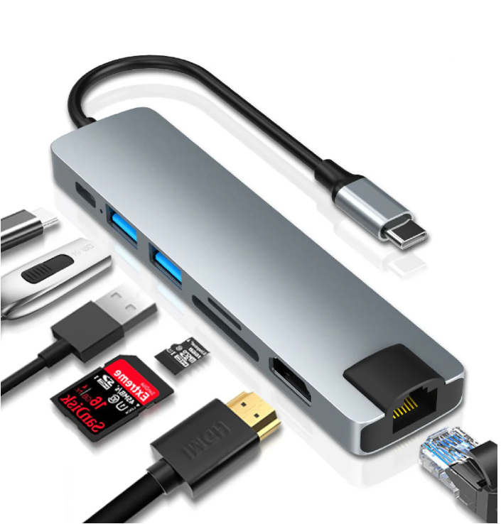 Nuvance - USB C HUB Ethernet 3.0 - 7 Ports - 19 x 5 x 2 cm - Silver