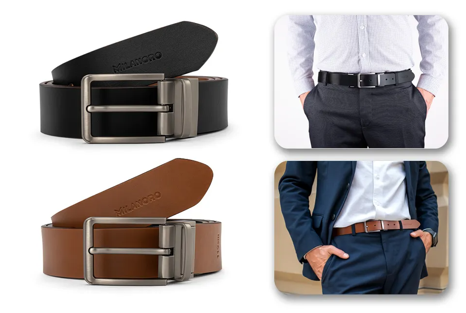 Milanoro - Ceinture élégante en cuir - Avec boucle réversible noir et cognac 2-en-1