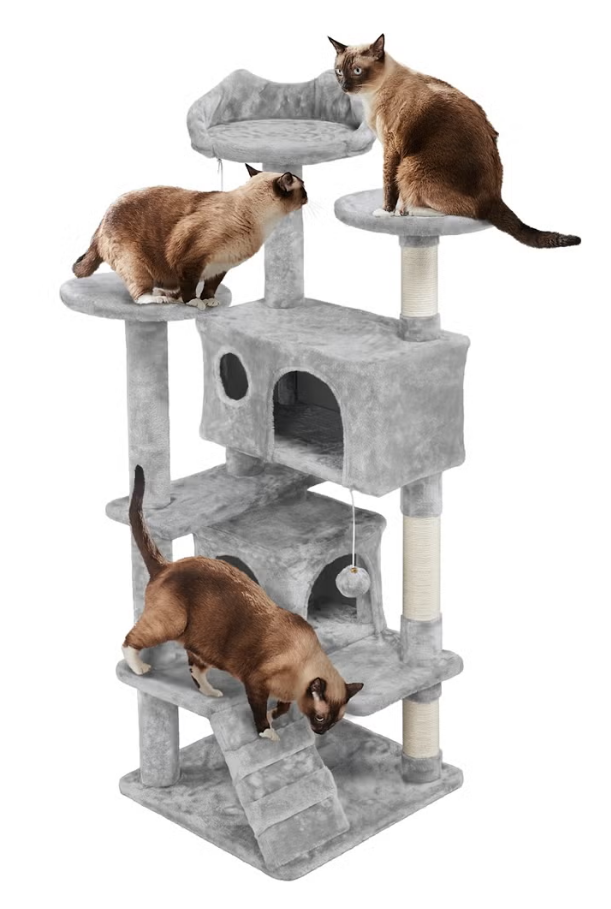 Yaheetech Griffoir 139 cm - Gris foncé - 3 Plates-formes - 2 Maisons pour chats - Poteaux en sisal