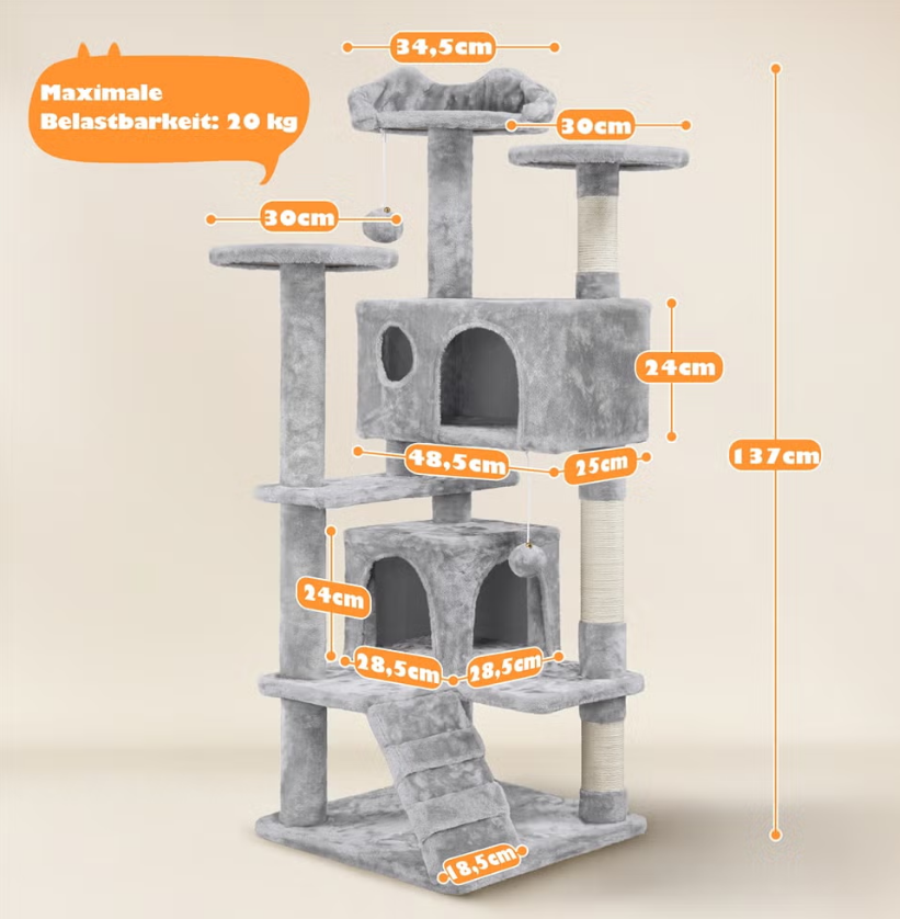 Yaheetech Griffoir 139 cm - Gris foncé - 3 Plates-formes - 2 Maisons pour chats - Poteaux en sisal