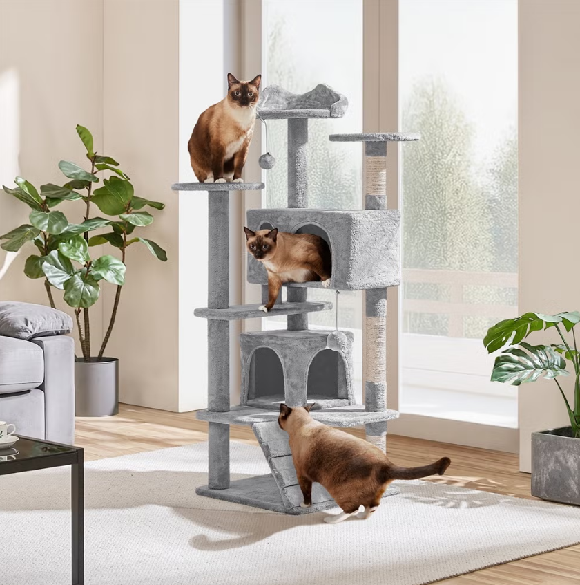 Yaheetech Griffoir 139 cm - Gris foncé - 3 Plates-formes - 2 Maisons pour chats - Poteaux en sisal