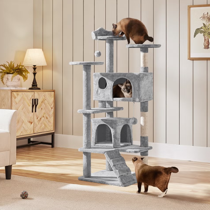 Yaheetech Griffoir 139 cm - Gris foncé - 3 Plates-formes - 2 Maisons pour chats - Poteaux en sisal