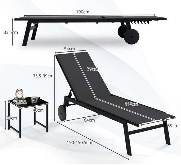 Ensemble de jardin Coast Lounger - Dossier réglable - Table d'appoint incluse - Résistant aux intempéries - Pliable - Gris