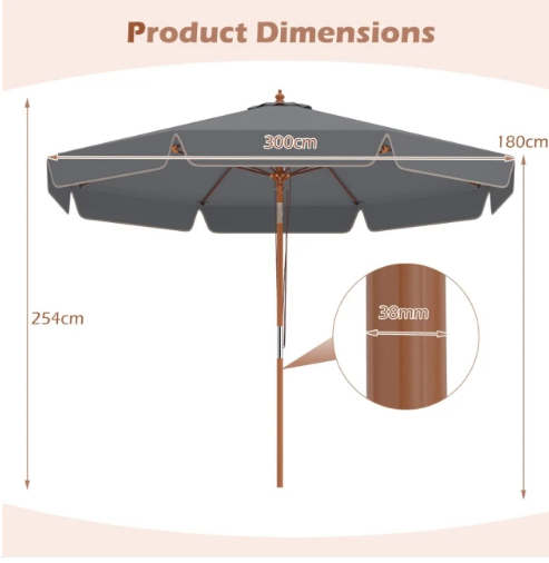 Costway Parasol de jardin - 300 cm - inclinable - mât en bois - résistant aux intempéries - gris