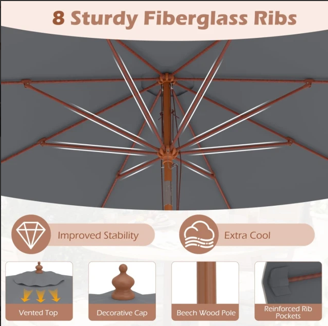 Costway Parasol de jardin - 300 cm - inclinable - mât en bois - résistant aux intempéries - gris