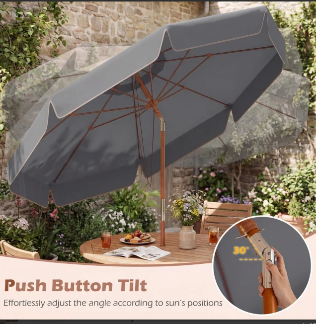 Costway Parasol de jardin - 300 cm - inclinable - mât en bois - résistant aux intempéries - gris