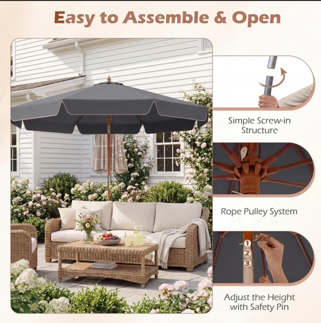Costway Parasol de jardin - 300 cm - inclinable - mât en bois - résistant aux intempéries - gris