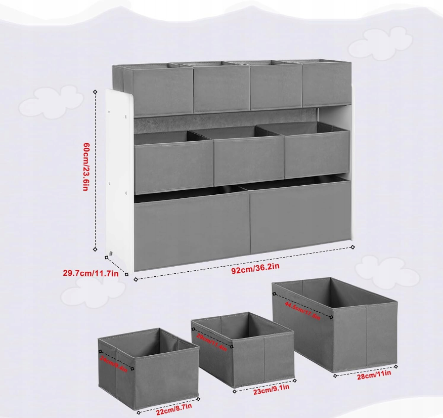 Lestarain LETSJF0013 - étagère de rangement pour chambre d'enfant - 9 boîtes de rangement amovibles - blanc et gris - 92 x 60/68 x 30 cm
