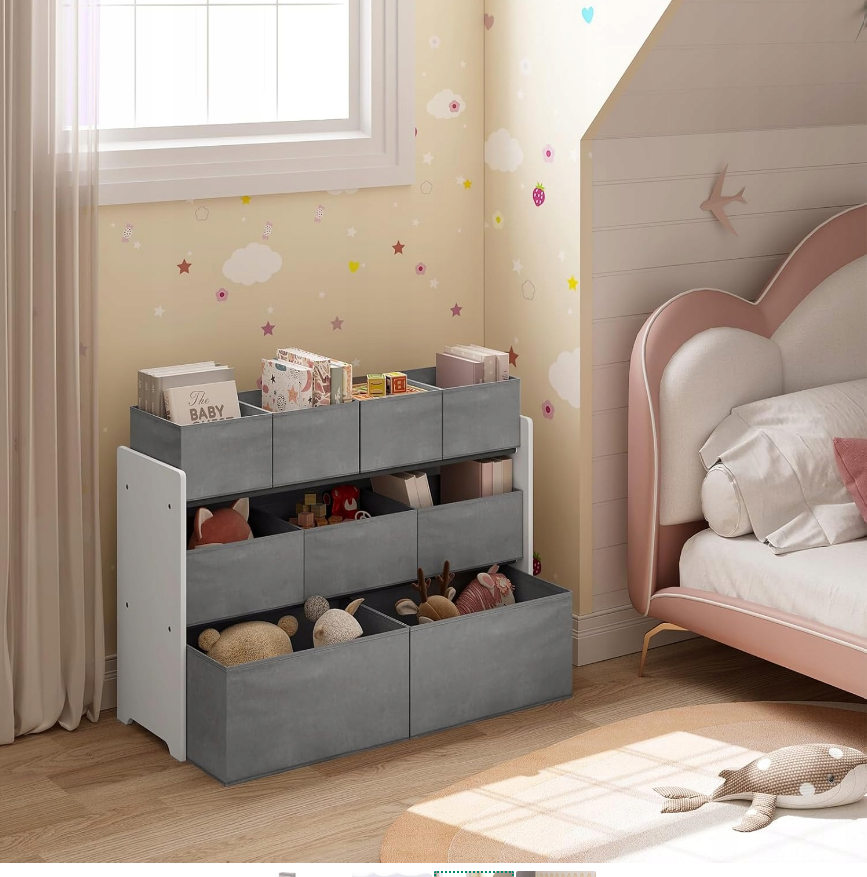 Lestarain LETSJF0013 - étagère de rangement pour chambre d'enfant - 9 boîtes de rangement amovibles - blanc et gris - 92 x 60/68 x 30 cm