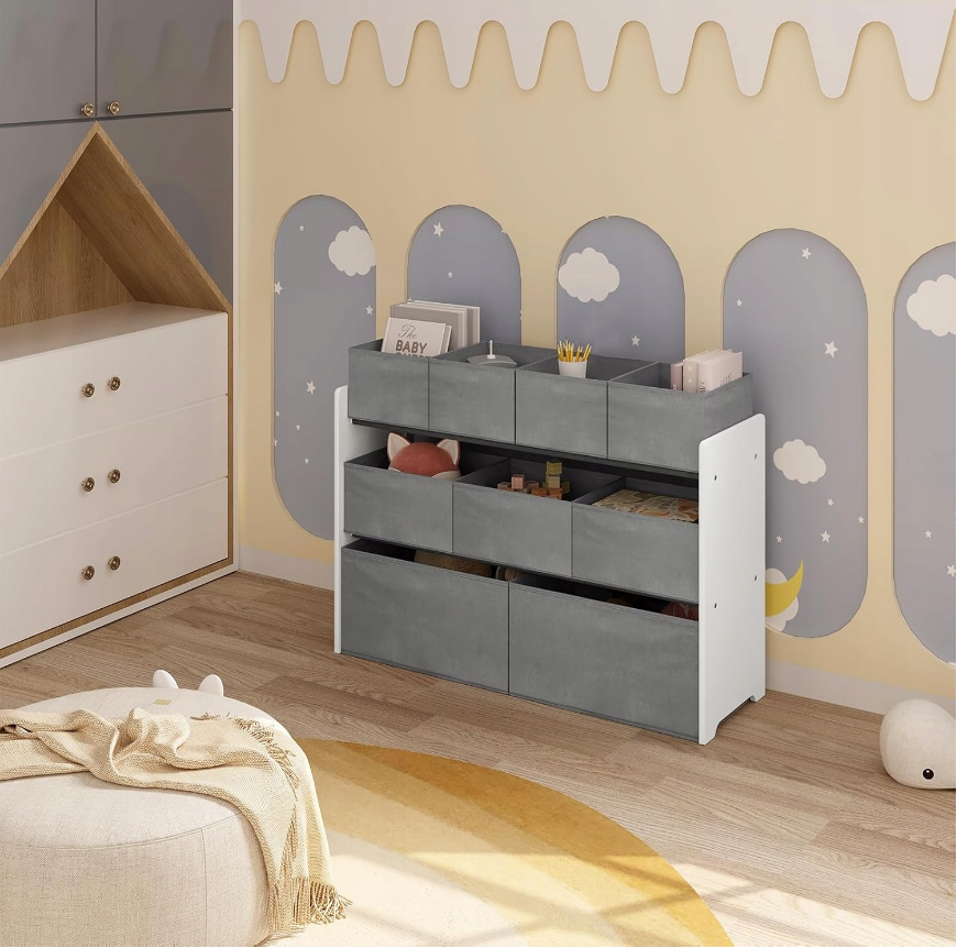 Lestarain LETSJF0013 - étagère de rangement pour chambre d'enfant - 9 boîtes de rangement amovibles - blanc et gris - 92 x 60/68 x 30 cm