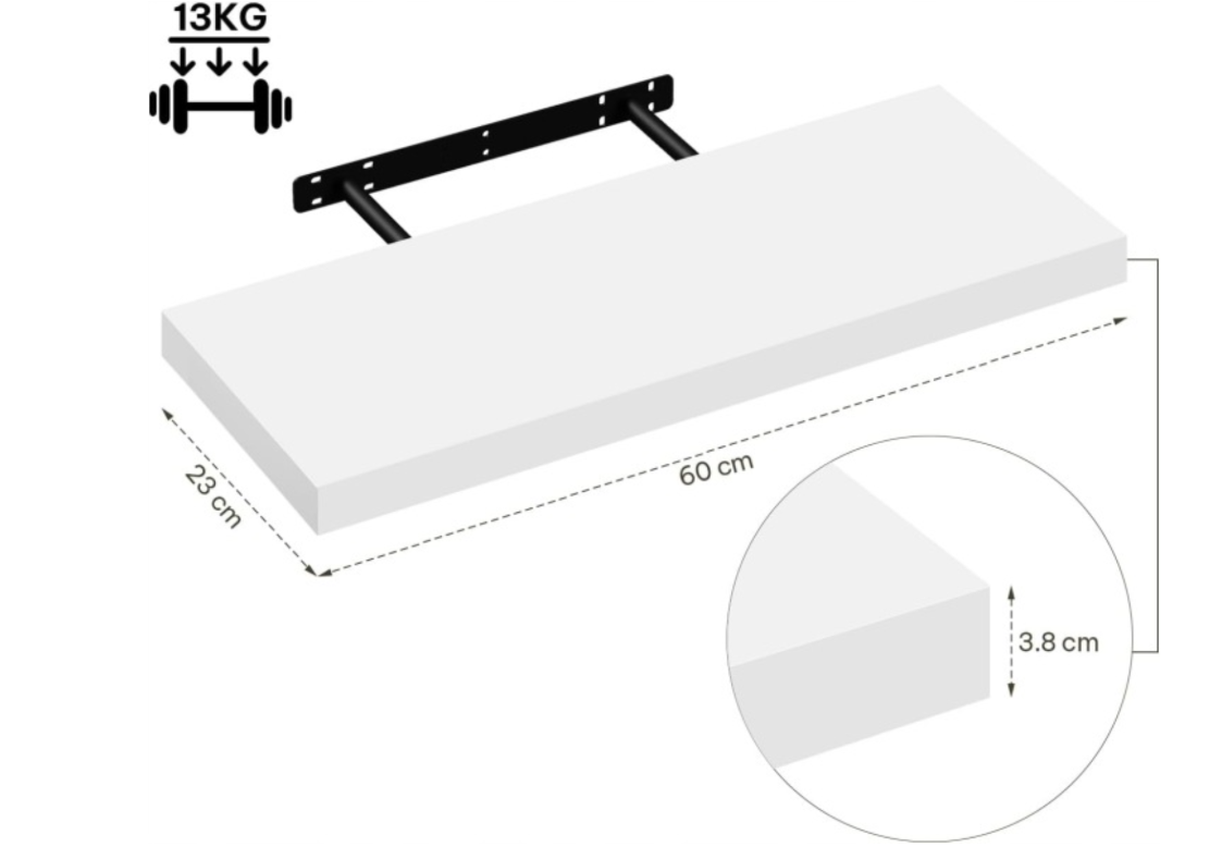 eSituro SWS0196 - étagère murale flottante - MDF blanc - 60 x 23 x 3,8 cm