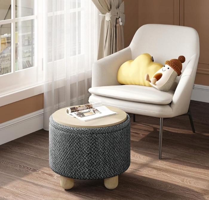 Pouf Woltu avec espace de rangement - Rond - Rembourré - En bois - 32 x 32 x 36,5 cm - Gris
