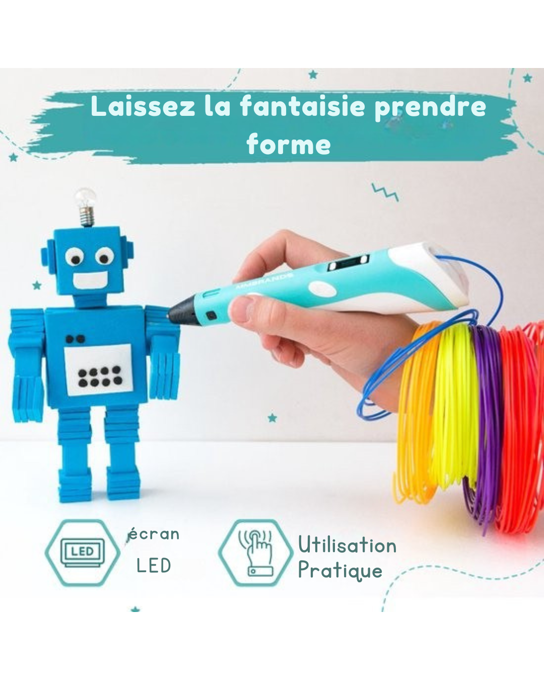Pack de démarrage stylo 3D MM Brands - Comprend 100m de filament en 10 couleurs - Câble de charge extra long - Convient pour le filament ABS & PLA - Bleu