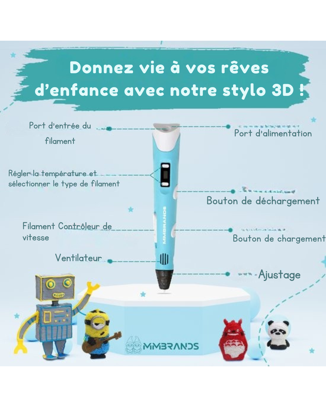 Pack de démarrage stylo 3D MM Brands - Comprend 100m de filament en 10 couleurs - Câble de charge extra long - Convient pour le filament ABS & PLA - Bleu