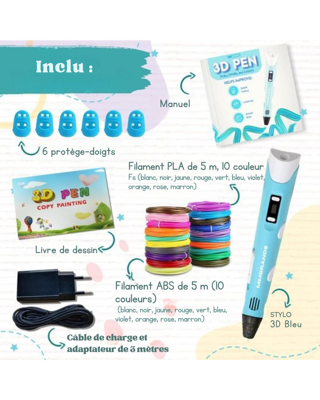 Pack de démarrage stylo 3D MM Brands - Comprend 100m de filament en 10 couleurs - Câble de charge extra long - Convient pour le filament ABS & PLA - Bleu
