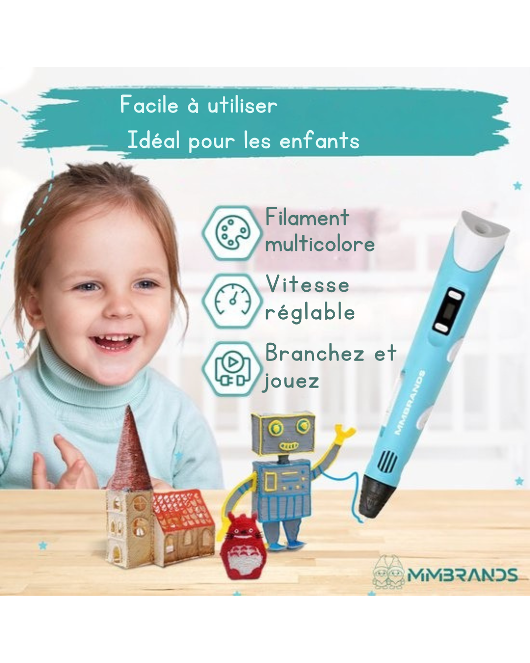 Pack de démarrage stylo 3D MM Brands - Comprend 100m de filament en 10 couleurs - Câble de charge extra long - Convient pour le filament ABS & PLA - Bleu