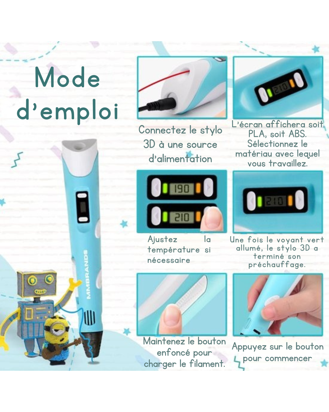 Pack de démarrage stylo 3D MM Brands - Comprend 100m de filament en 10 couleurs - Câble de charge extra long - Convient pour le filament ABS & PLA - Bleu