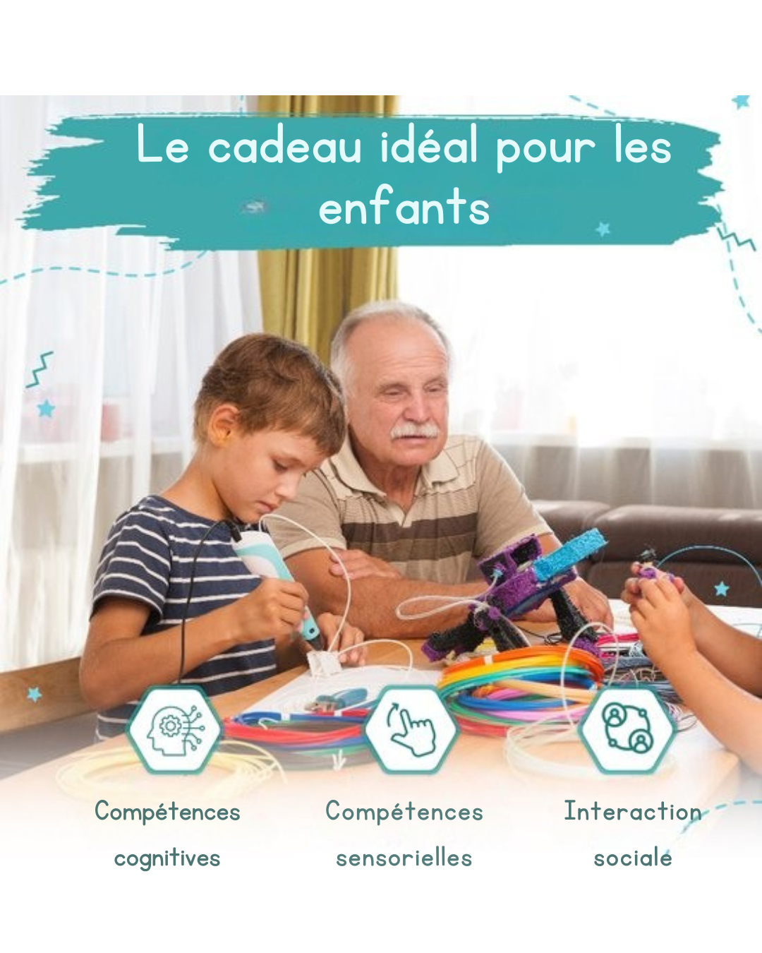 Pack de démarrage stylo 3D MM Brands - Comprend 100m de filament en 10 couleurs - Câble de charge extra long - Convient pour le filament ABS & PLA - Bleu