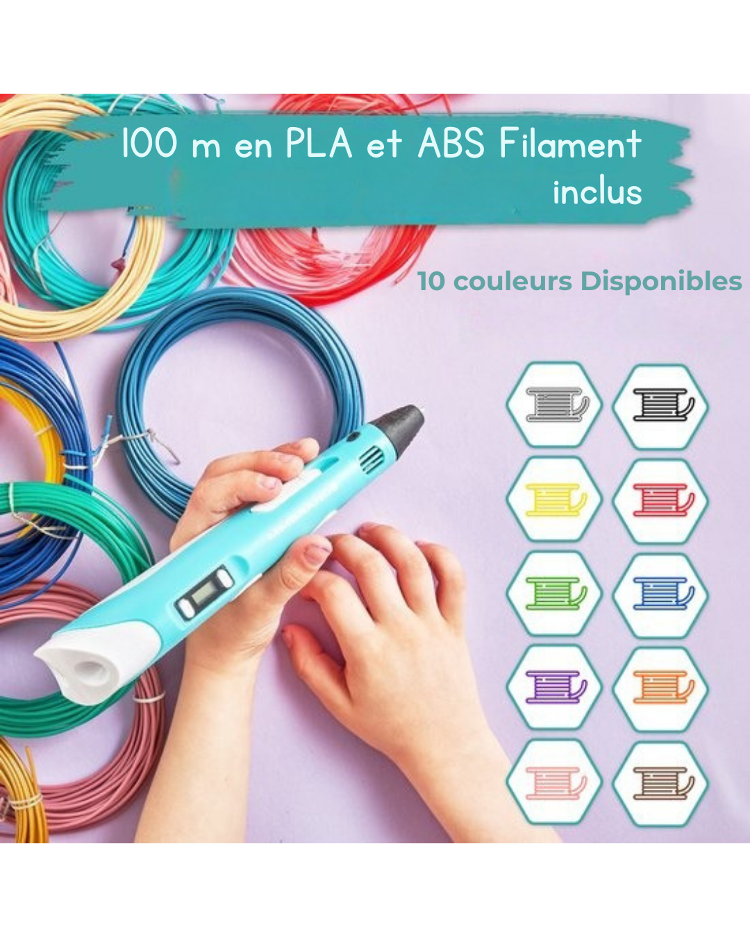 Pack de démarrage stylo 3D MM Brands - Comprend 100m de filament en 10 couleurs - Câble de charge extra long - Convient pour le filament ABS & PLA - Bleu