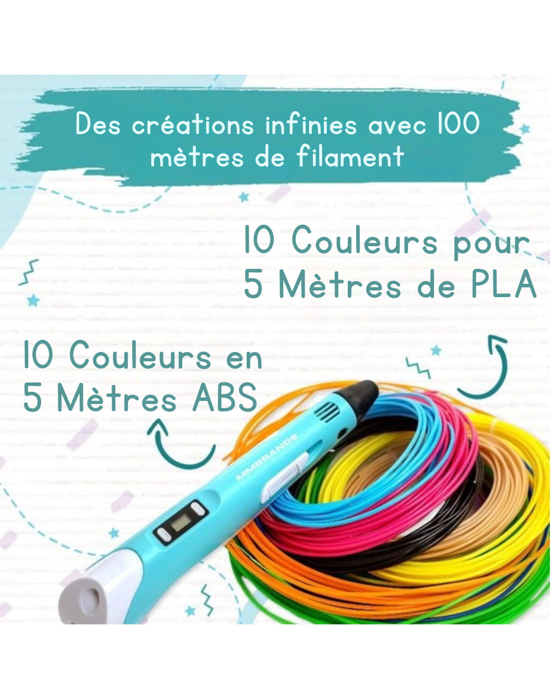 Pack de démarrage stylo 3D MM Brands - Comprend 100m de filament en 10 couleurs - Câble de charge extra long - Convient pour le filament ABS & PLA - Bleu