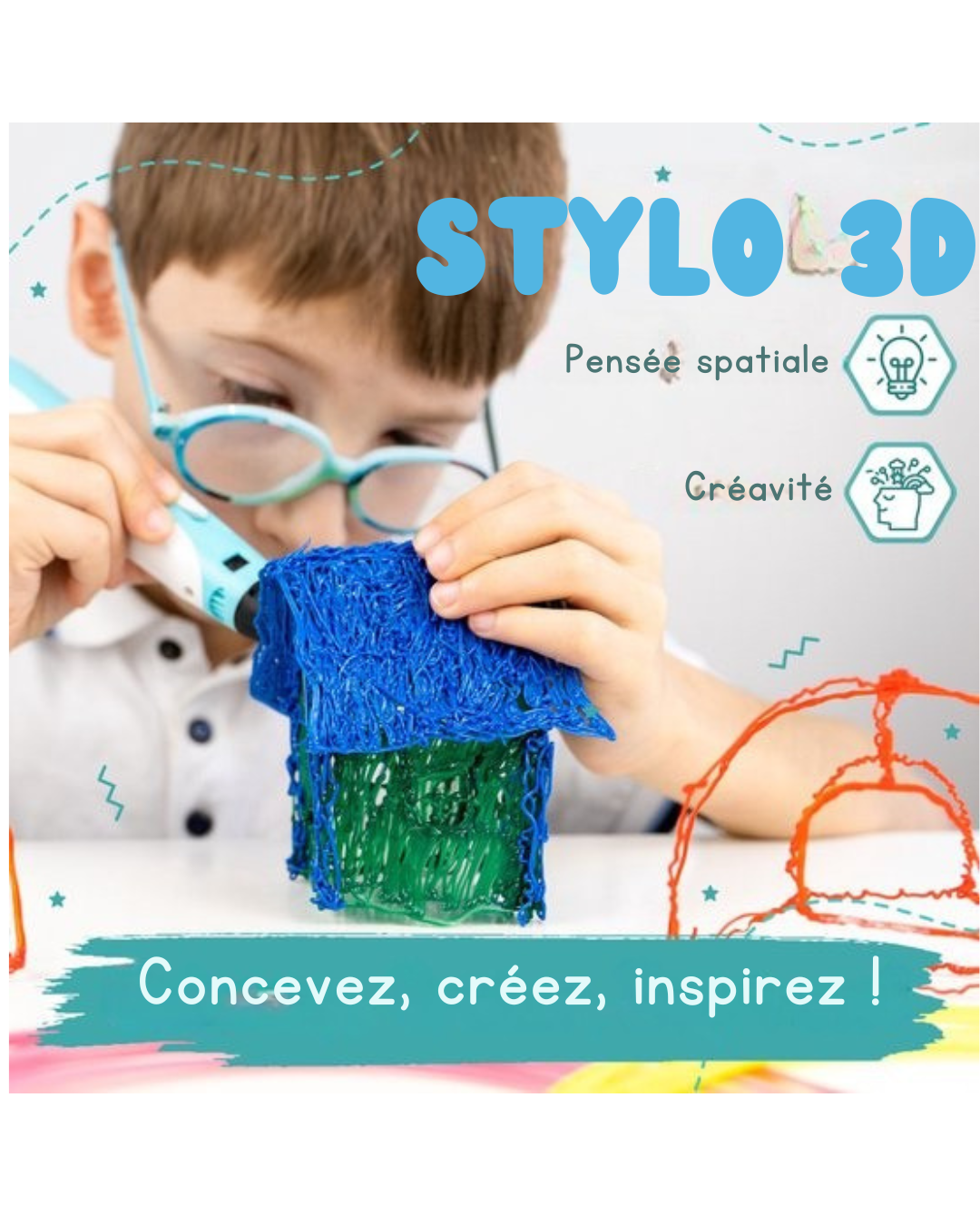 Pack de démarrage stylo 3D MM Brands - Comprend 100m de filament en 10 couleurs - Câble de charge extra long - Convient pour le filament ABS & PLA - Bleu