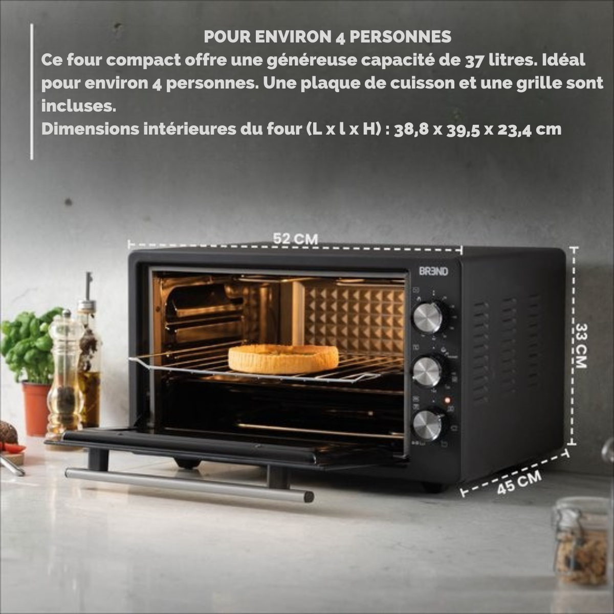 Four électrique à poser - BREND BR-2210 - 37 litres - Mini four - 1500W - avec fonction autonettoyante - 90 min. Minuterie - Accessoires inclus - jusqu'à 240 degrés - acier inoxydable