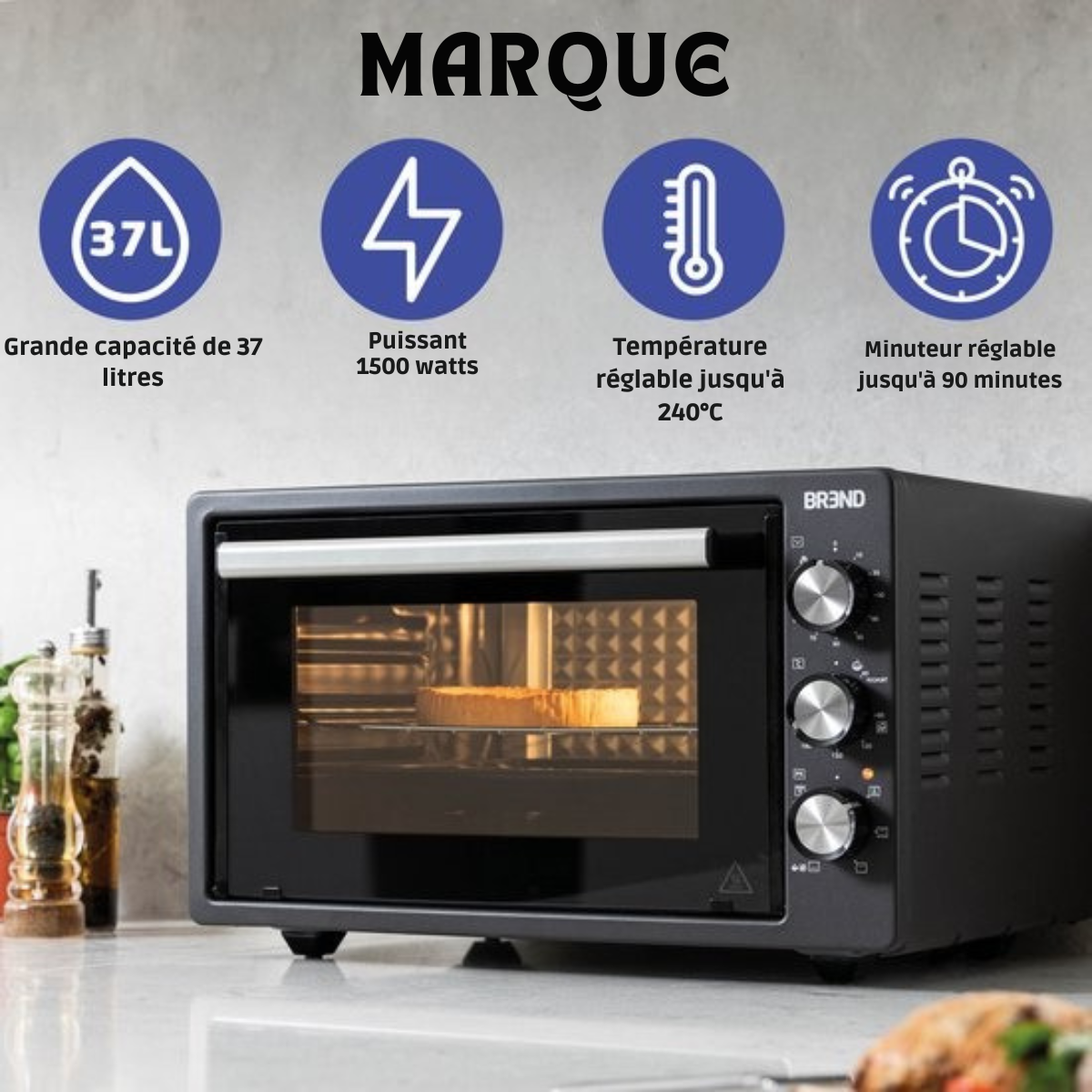 Four électrique à poser - BREND BR-2210 - 37 litres - Mini four - 1500W - avec fonction autonettoyante - 90 min. Minuterie - Accessoires inclus - jusqu'à 240 degrés - acier inoxydable