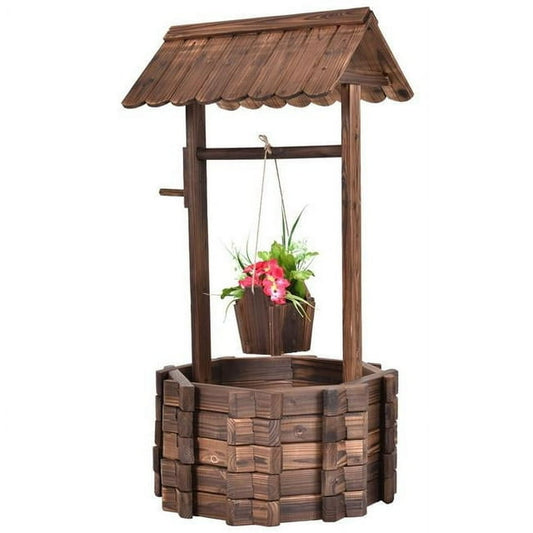 Fontaine de jardin Coast avec puits en bois, seau et pot de fleurs avec toit - Design rustique - 43 x 39 x 72 cm - Marron