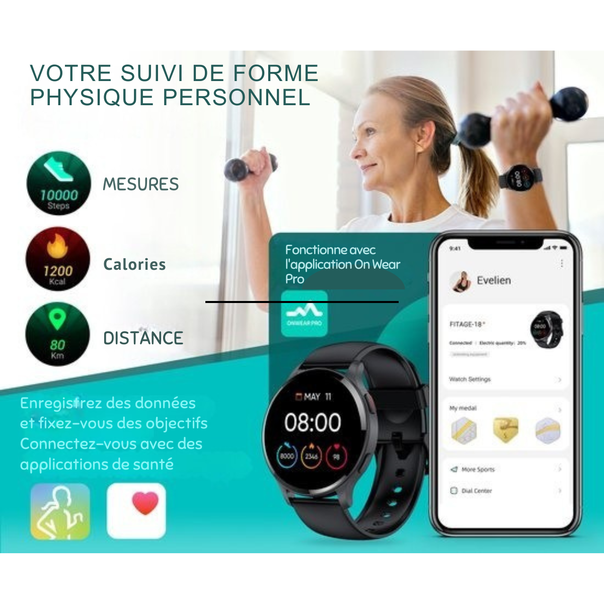Montre de sport - Fitage - Smartwatch - Montre podomètre - Traqueur d'activité - GPS - Noir