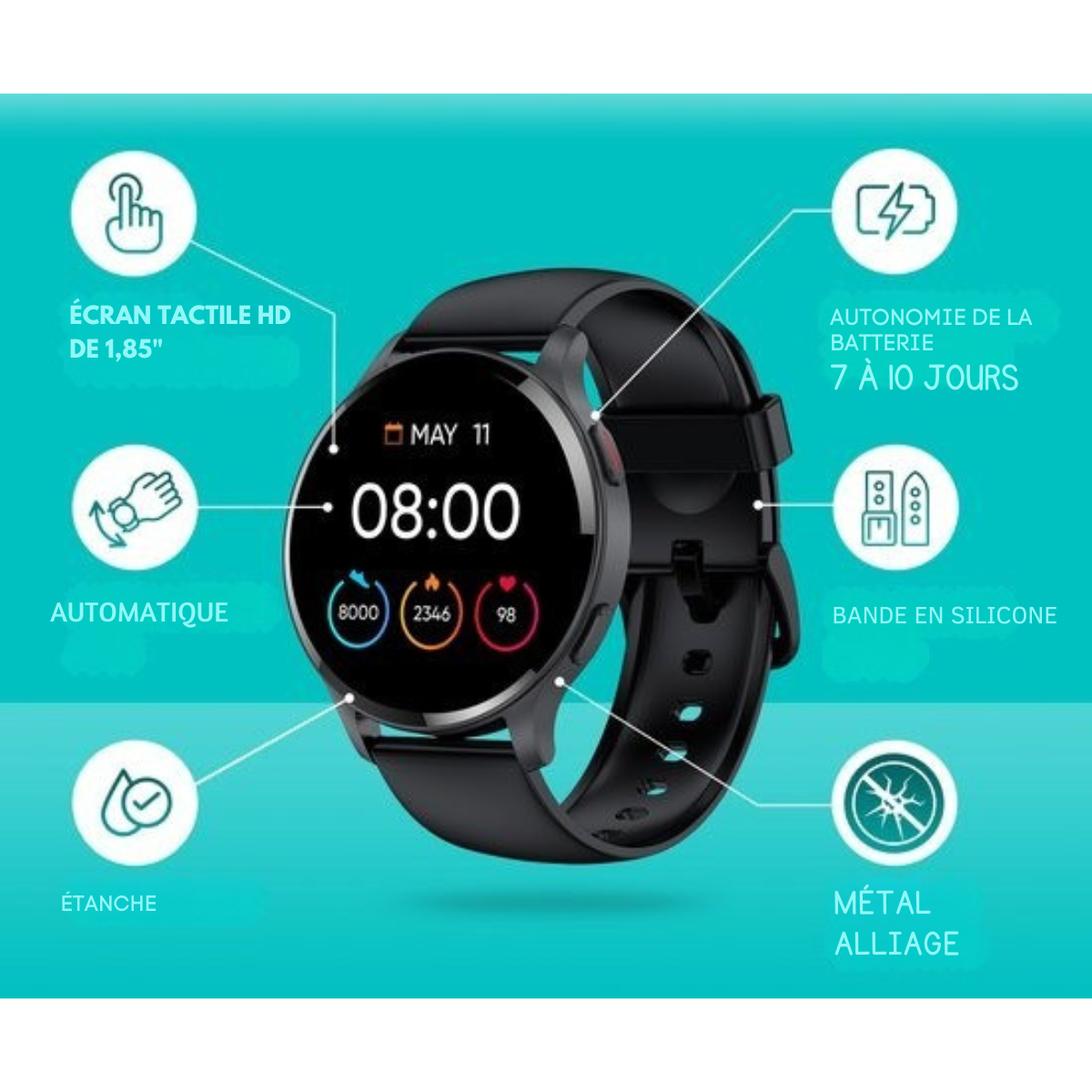 Montre de sport - Fitage - Smartwatch - Montre podomètre - Traqueur d'activité - GPS - Noir