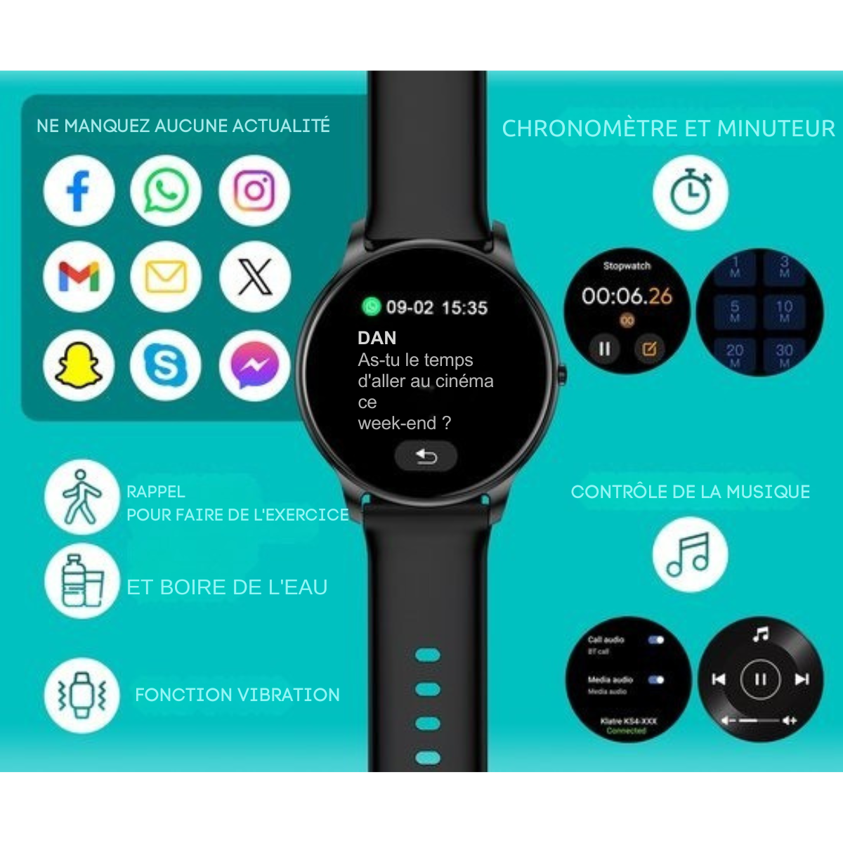 Montre de sport - Fitage - Smartwatch - Montre podomètre - Traqueur d'activité - GPS - Noir