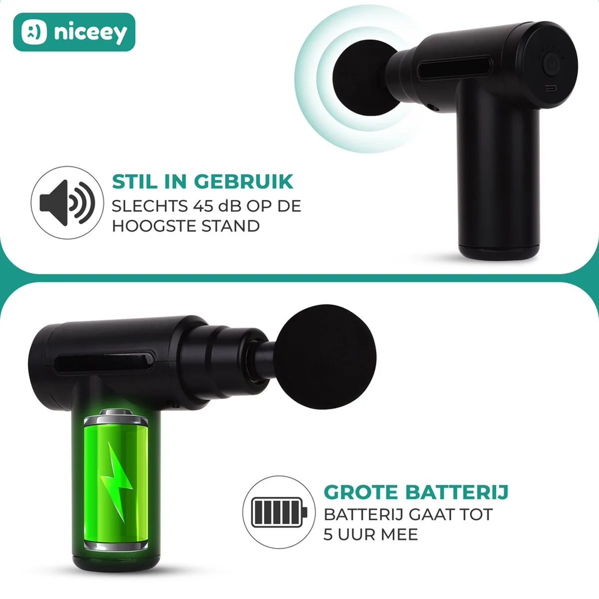 Niceey Massage Gun Mini - Puissant - Sans fil - 5 accessoires - Appareil de massage - Pistolet de massage - Appareil de massage sportif et relaxant - Avec étui - Noir