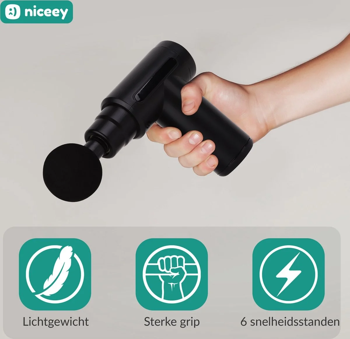 Niceey Massage Gun Mini - Puissant - Sans fil - 5 accessoires - Appareil de massage - Pistolet de massage - Appareil de massage sportif et relaxant - Avec étui - Noir