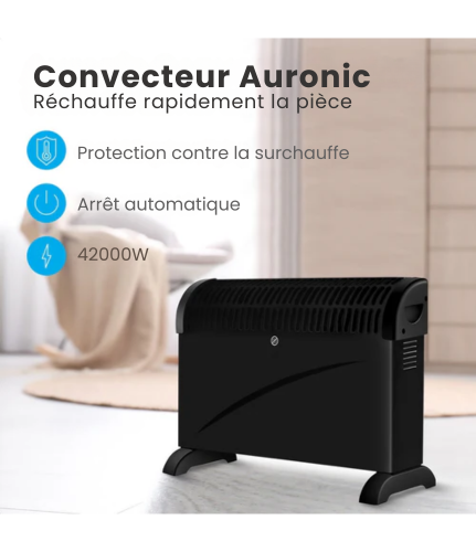 Radiateur Convecteur Électrique Réglable - Auronic - 750/1250/2000 Watts - 3 Niveaux de Chaleur - Thermostat Réglable - 53,5 x 19,6 x 38,5 cm - Noir