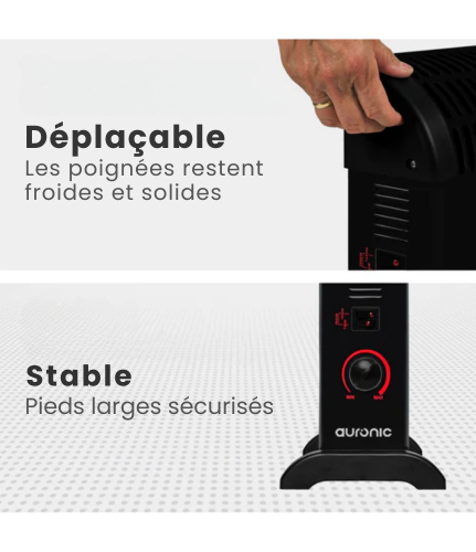 Radiateur Convecteur Électrique Réglable - Auronic - 750/1250/2000 Watts - 3 Niveaux de Chaleur - Thermostat Réglable - 53,5 x 19,6 x 38,5 cm - Noir