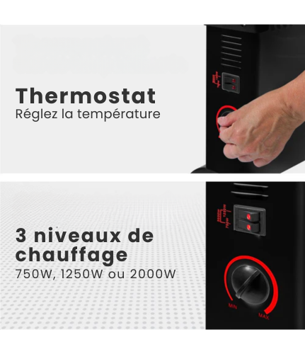 Radiateur Convecteur Électrique Réglable - Auronic - 750/1250/2000 Watts - 3 Niveaux de Chaleur - Thermostat Réglable - 53,5 x 19,6 x 38,5 cm - Noir