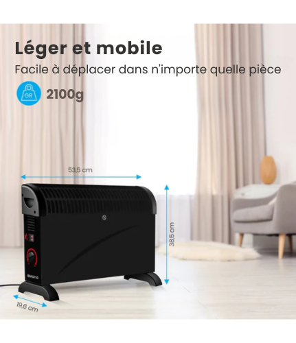 Radiateur Convecteur Électrique Réglable - Auronic - 750/1250/2000 Watts - 3 Niveaux de Chaleur - Thermostat Réglable - 53,5 x 19,6 x 38,5 cm - Noir