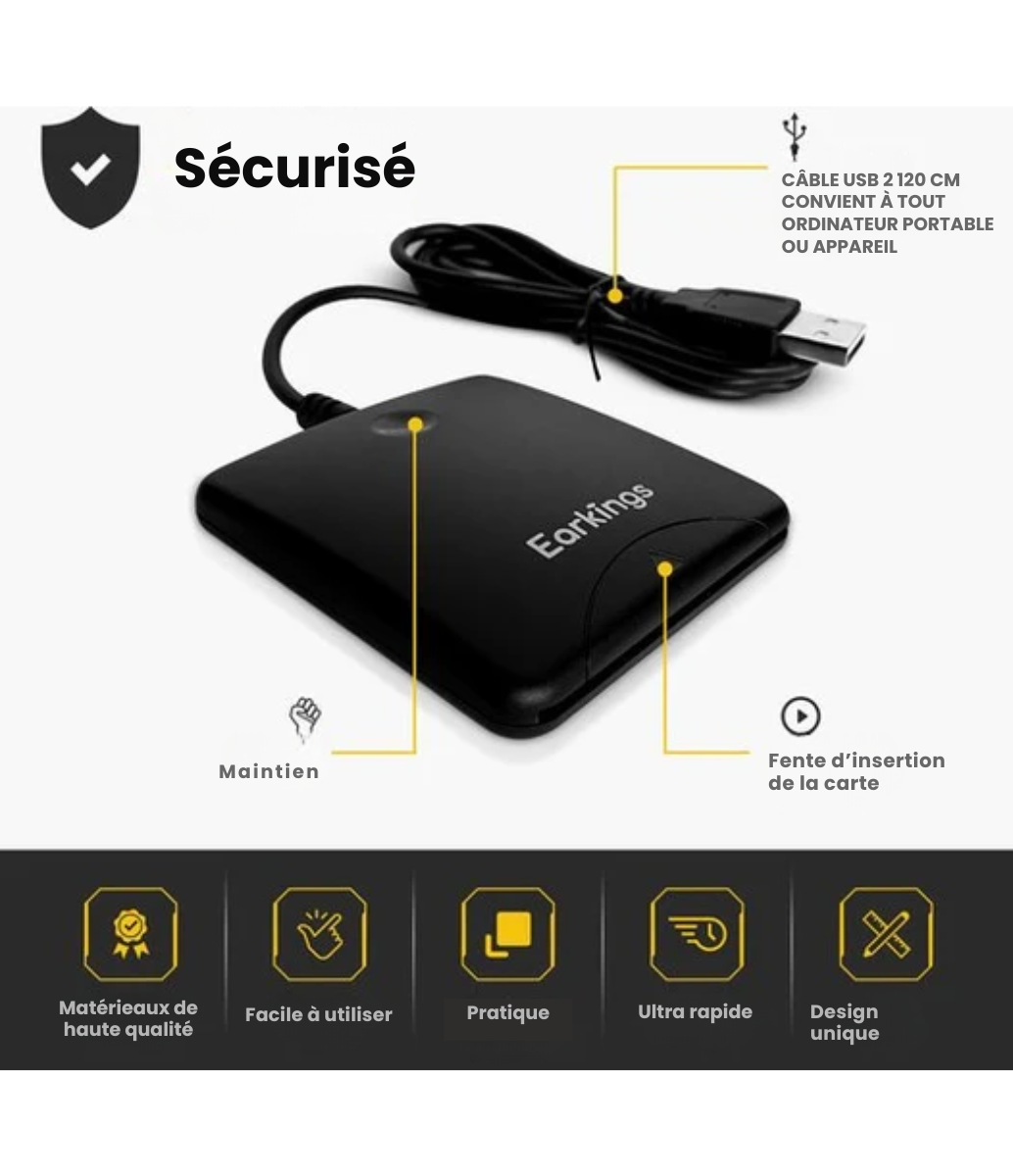 Lecteur de carte d'identité ID - EarKings - Lecteur de cartes d'identité, de cartes de crédit et d'autres cartes à puce - compatible avec MAC et Windows