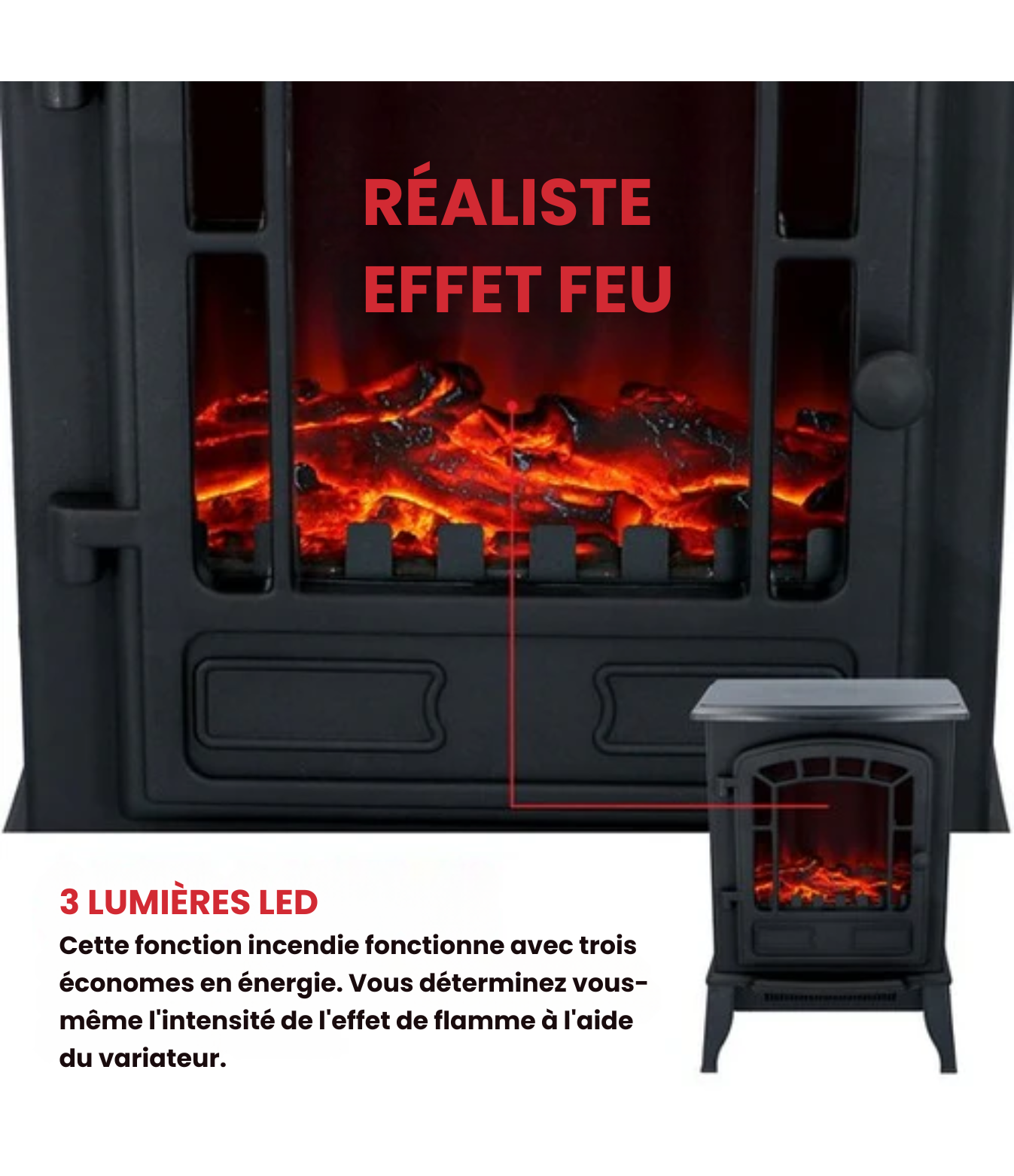 Cheminée électrique - Torino - Poêle électrique avec Flammes - LED 2000W