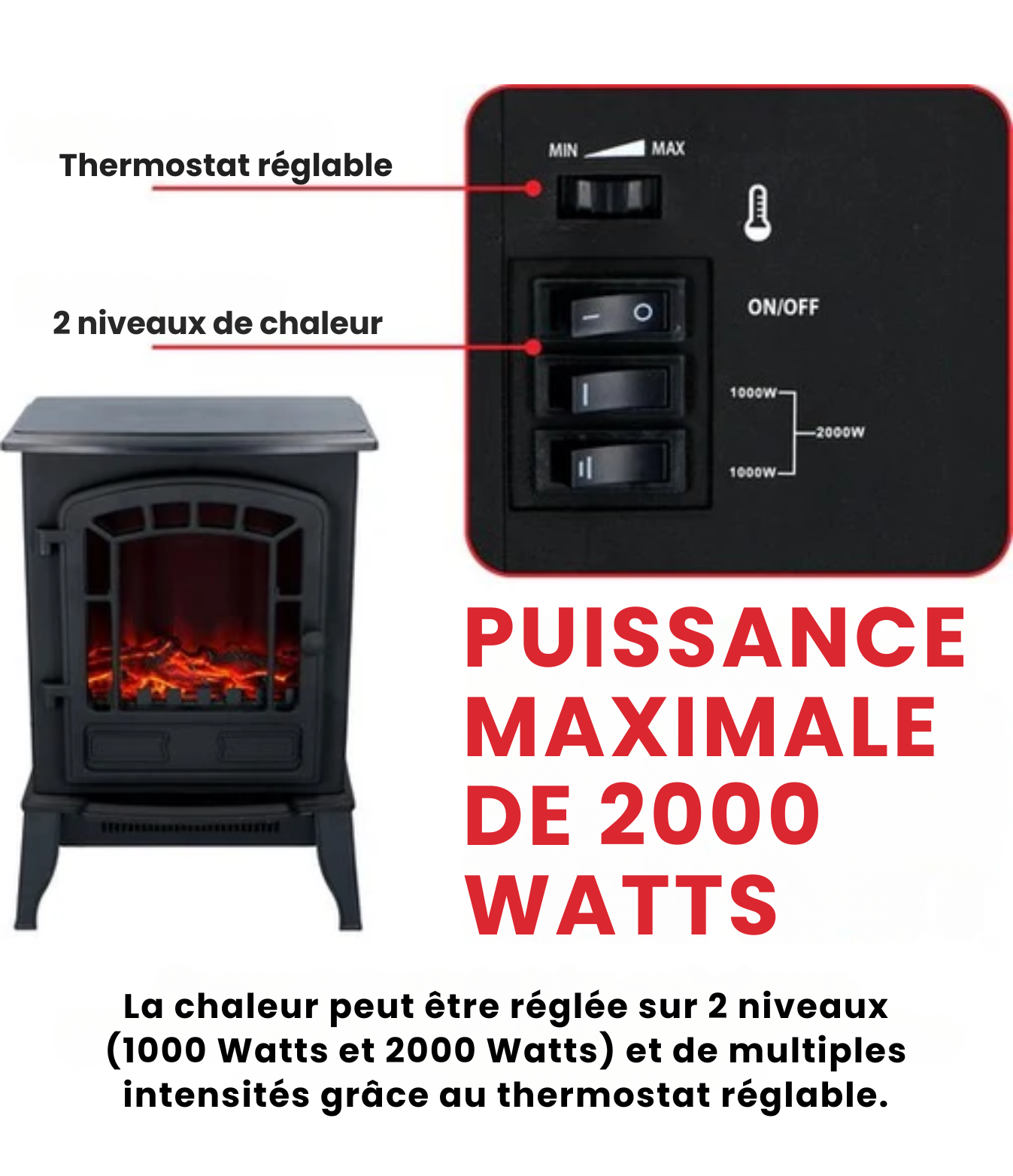 Cheminée électrique - Torino - Poêle électrique avec Flammes - LED 2000W