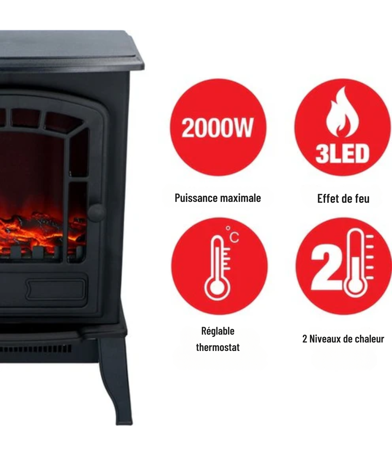 Cheminée électrique - Torino - Poêle électrique avec Flammes - LED 2000W