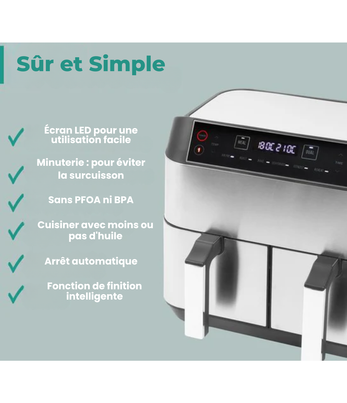Airfryer Double XXL - Niceey - Friteuse sans huile - 2 compartiments de cuisson - 8L - 2460 Watt - Livre de recettes inclus - Argent