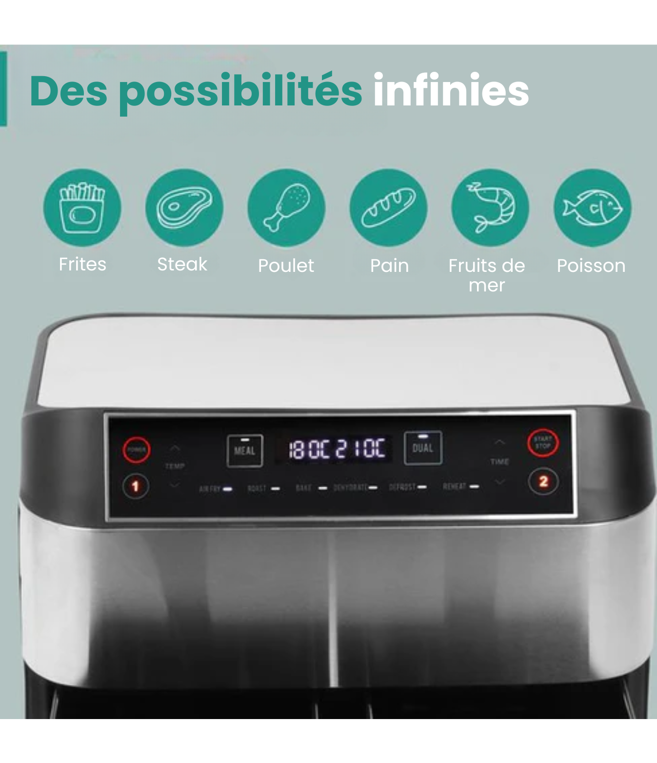 Airfryer Double XXL - Niceey - Friteuse sans huile - 2 compartiments de cuisson - 8L - 2460 Watt - Livre de recettes inclus - Argent