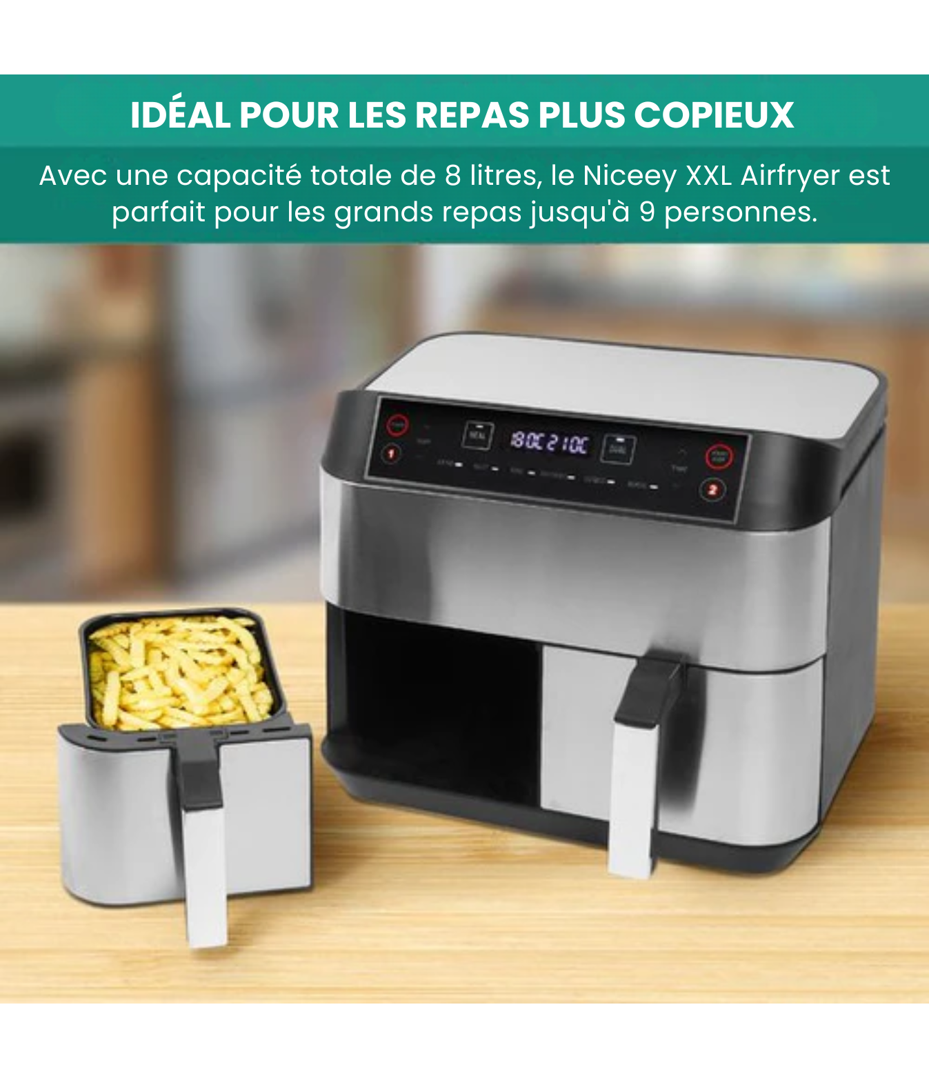 Airfryer Double XXL - Niceey - Friteuse sans huile - 2 compartiments de cuisson - 8L - 2460 Watt - Livre de recettes inclus - Argent