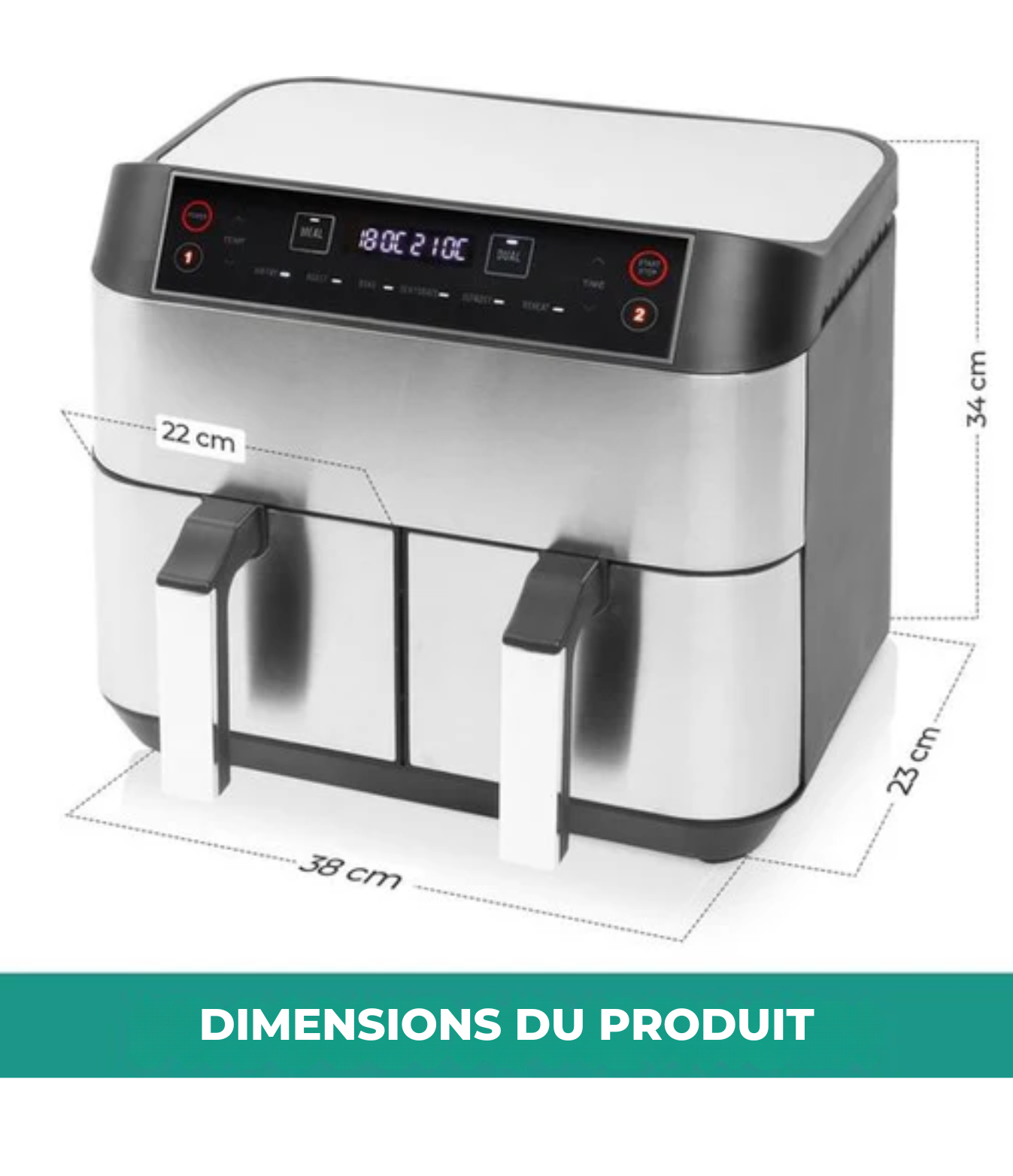 Airfryer Double XXL - Niceey - Friteuse sans huile - 2 compartiments de cuisson - 8L - 2460 Watt - Livre de recettes inclus - Argent