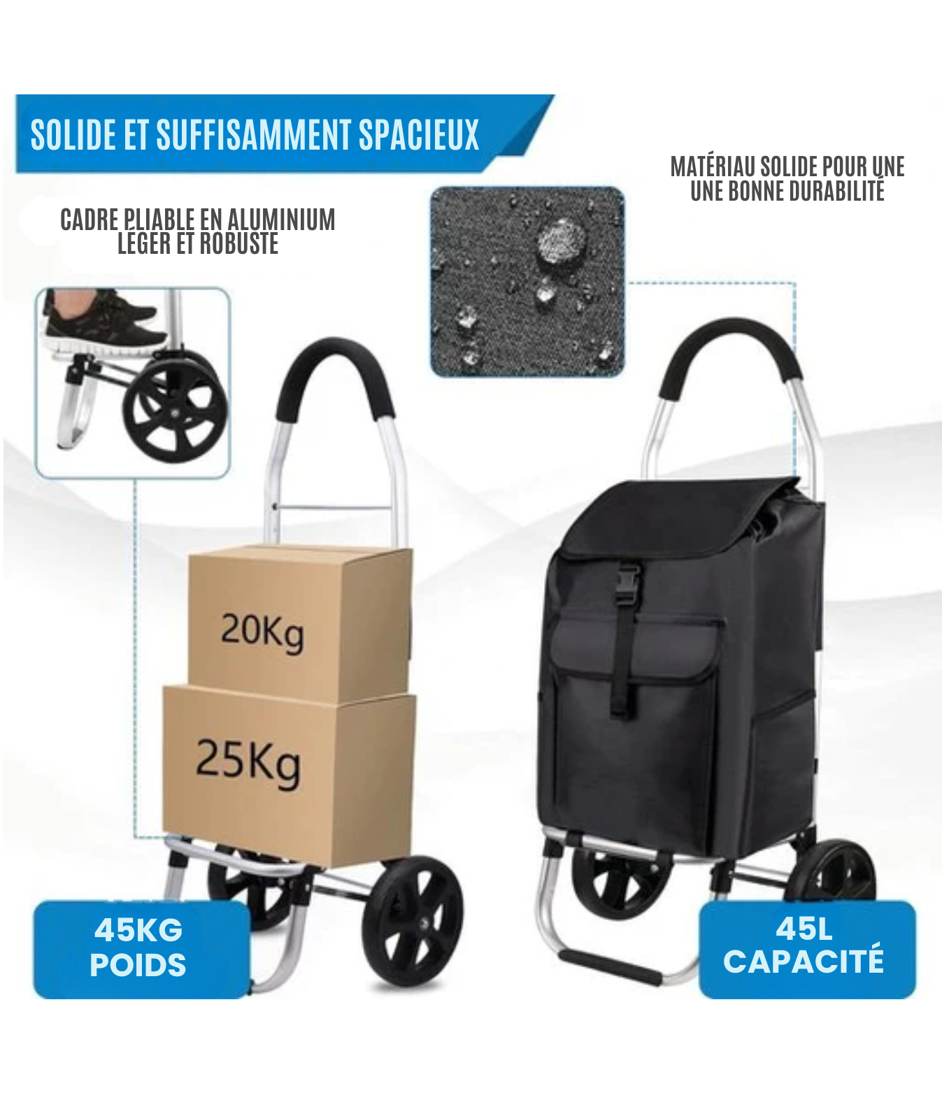 Chariot de courses - Strex - Pliable et à roulettes - Sac imperméable 45 L - Noir